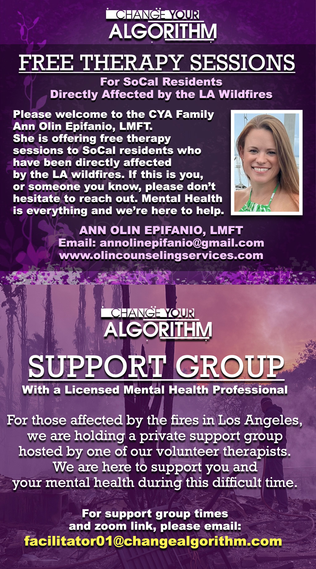 Flyer advertising therapy sessions and support group for those affected by the LA Fires